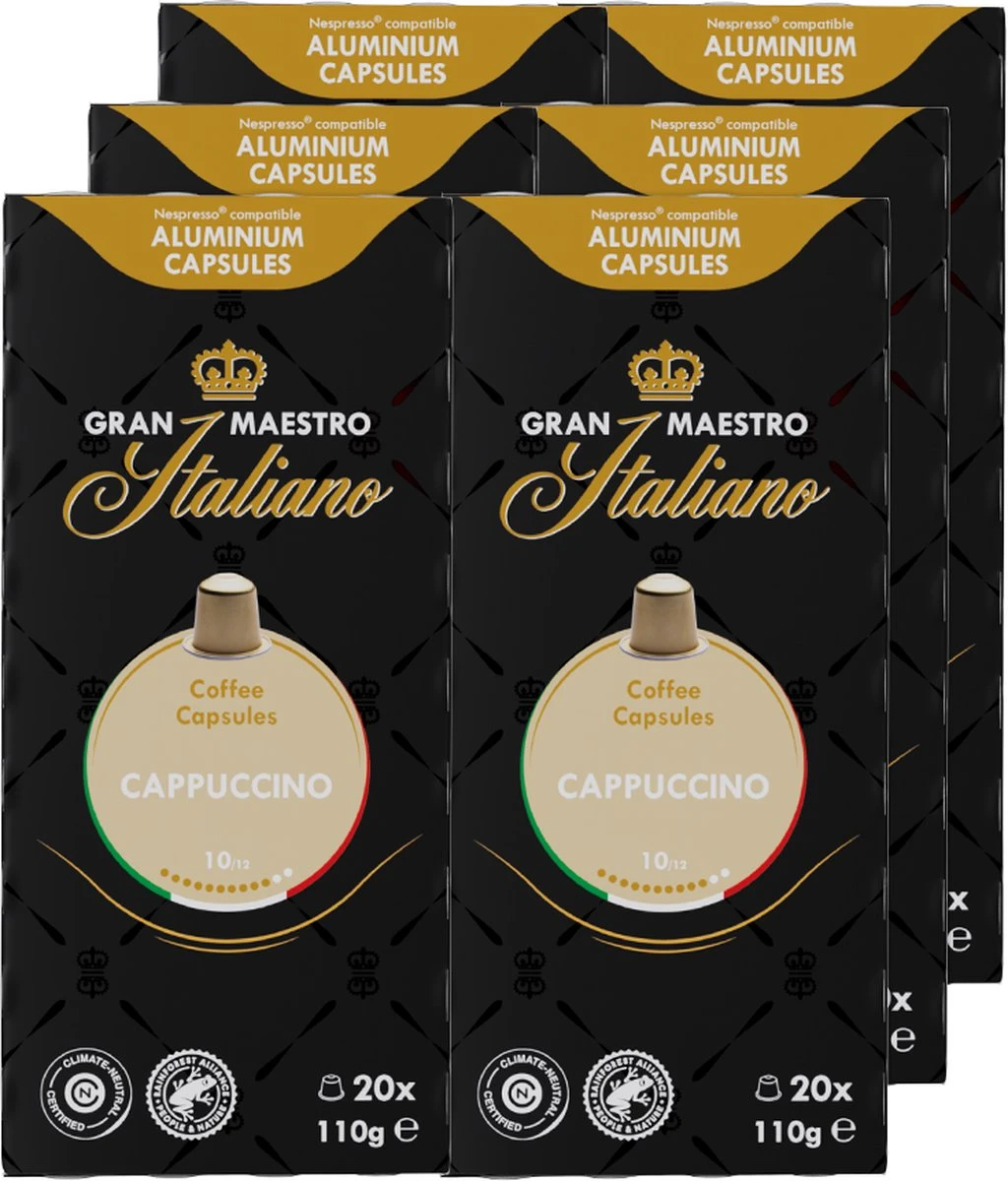 Gran Maestro Italiano - Cappuccino - Koffiecups - Nespresso Compatibel Capsules - Intense Smaak - 6 X 20 Cups 1 Gran Maestro Italiano - Cappuccino - Koffiecups - Nespresso Compatibel Capsules - Intense Smaak - 6 X 20 Cups