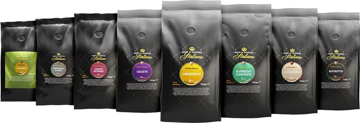 Gran Maestro Italiano - Koffiebonen - Koffiebonen Proefpakket - Alles Van Gran Maestro Italiano - 8x 250g 1 Gran Maestro Italiano - Koffiebonen - Koffiebonen Proefpakket - Alles Van Gran Maestro Italiano - 8x 250g