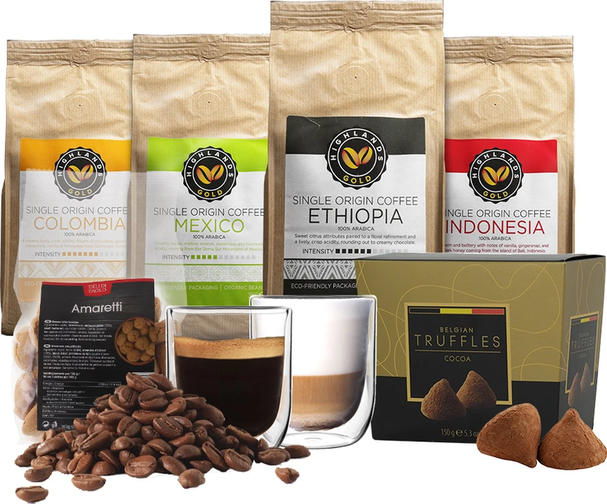 Highlands Gold - Koffiebonen Proefpakket - Koffie Cadeaupakket - 100% Arabica - Single Origin - 4 Soorten Koffie, Ambachtelijke Truffels En 2 Luxe Glazen 1 Highlands Gold - Koffiebonen Proefpakket - Koffie Cadeaupakket - 100% Arabica - Single Origin - 4 Soorten Koffie, Ambachtelijke Truffels En 2 Luxe Glazen