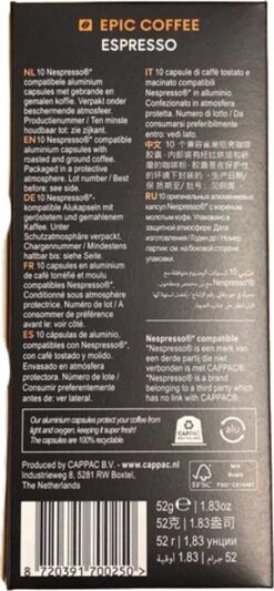 100 Capsules Epic Coffee - Espresso - Nespresso® Compatible Aluminium Capsules - RFA Keurmerk - Doos 100 Stuks -Koffie Korting Winkel 556x1200